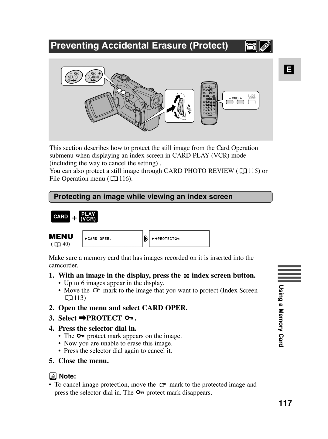 Canon MV550i, MV530i Preventing Accidental Erasure Protect, 117, Protecting an image while viewing an index screen 