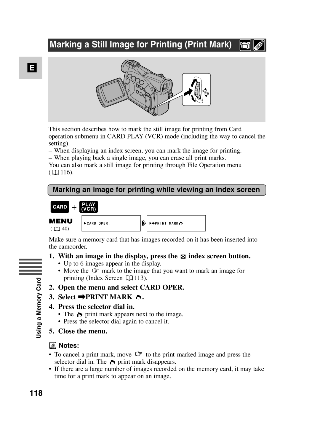 Canon MV530i, MV550i instruction manual Marking a Still Image for Printing Print Mark, 118 