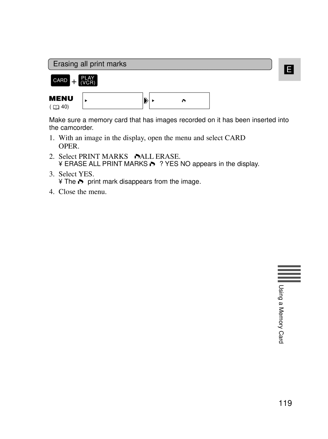 Canon MV550i, MV530i instruction manual 119, Erasing all print marks, Select YES 