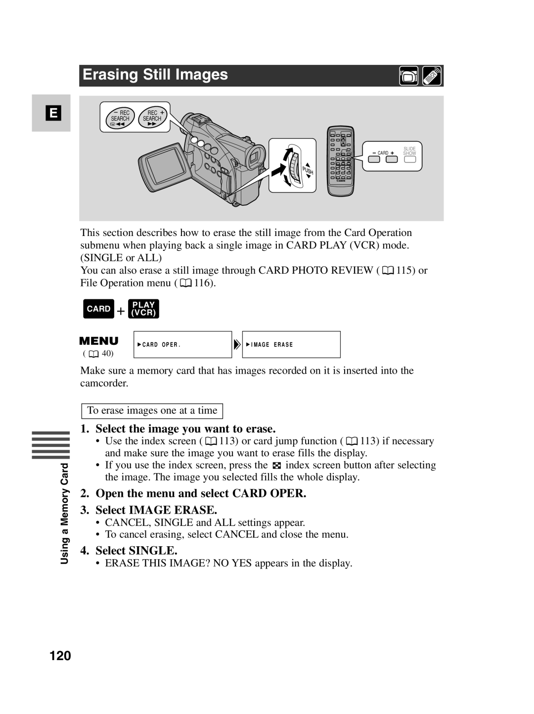 Canon MV530i, MV550i instruction manual Erasing Still Images, 120, Select the image you want to erase, Select Single 