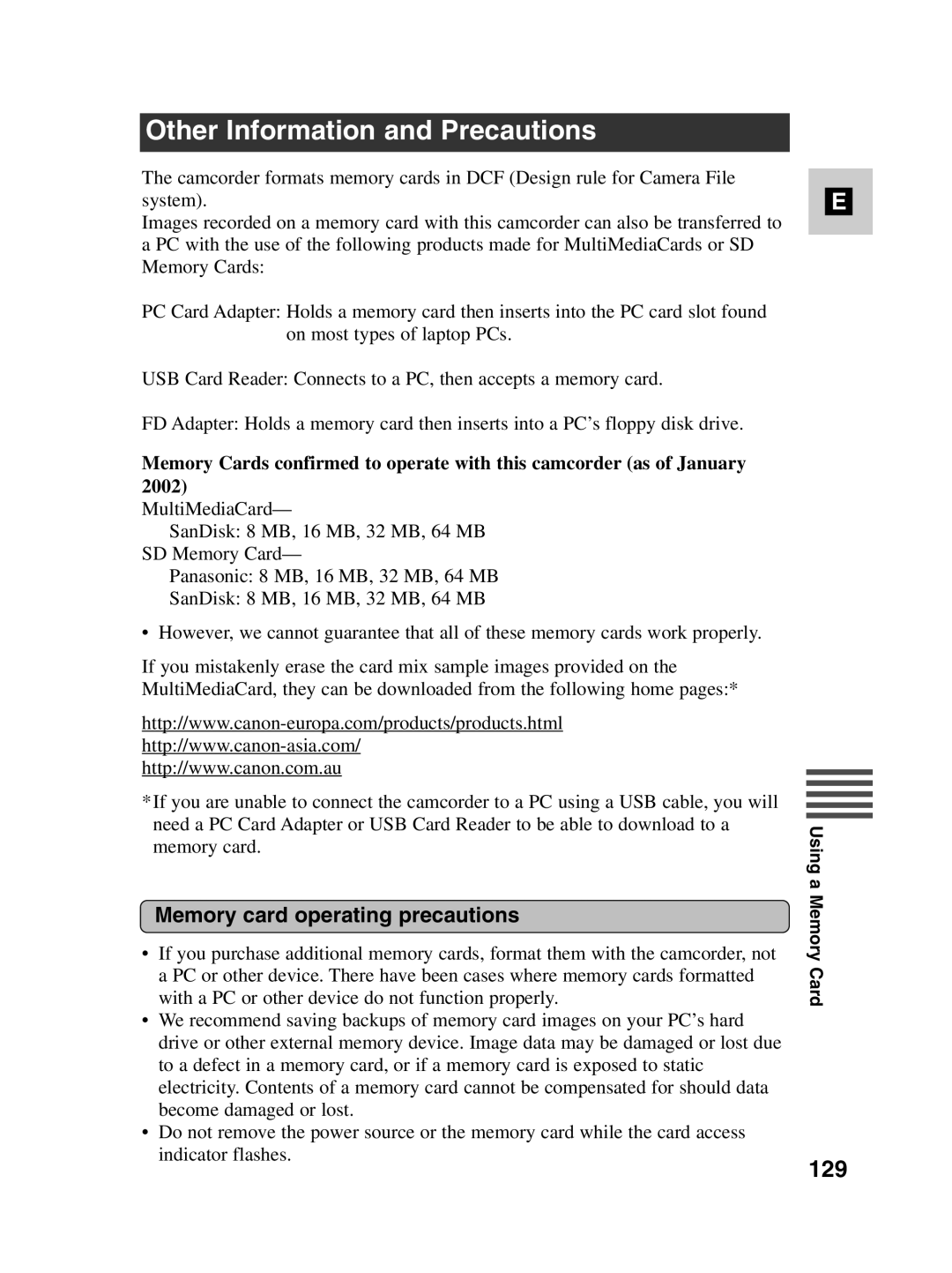 Canon MV550i, MV530i instruction manual Other Information and Precautions, 129, Memory card operating precautions 