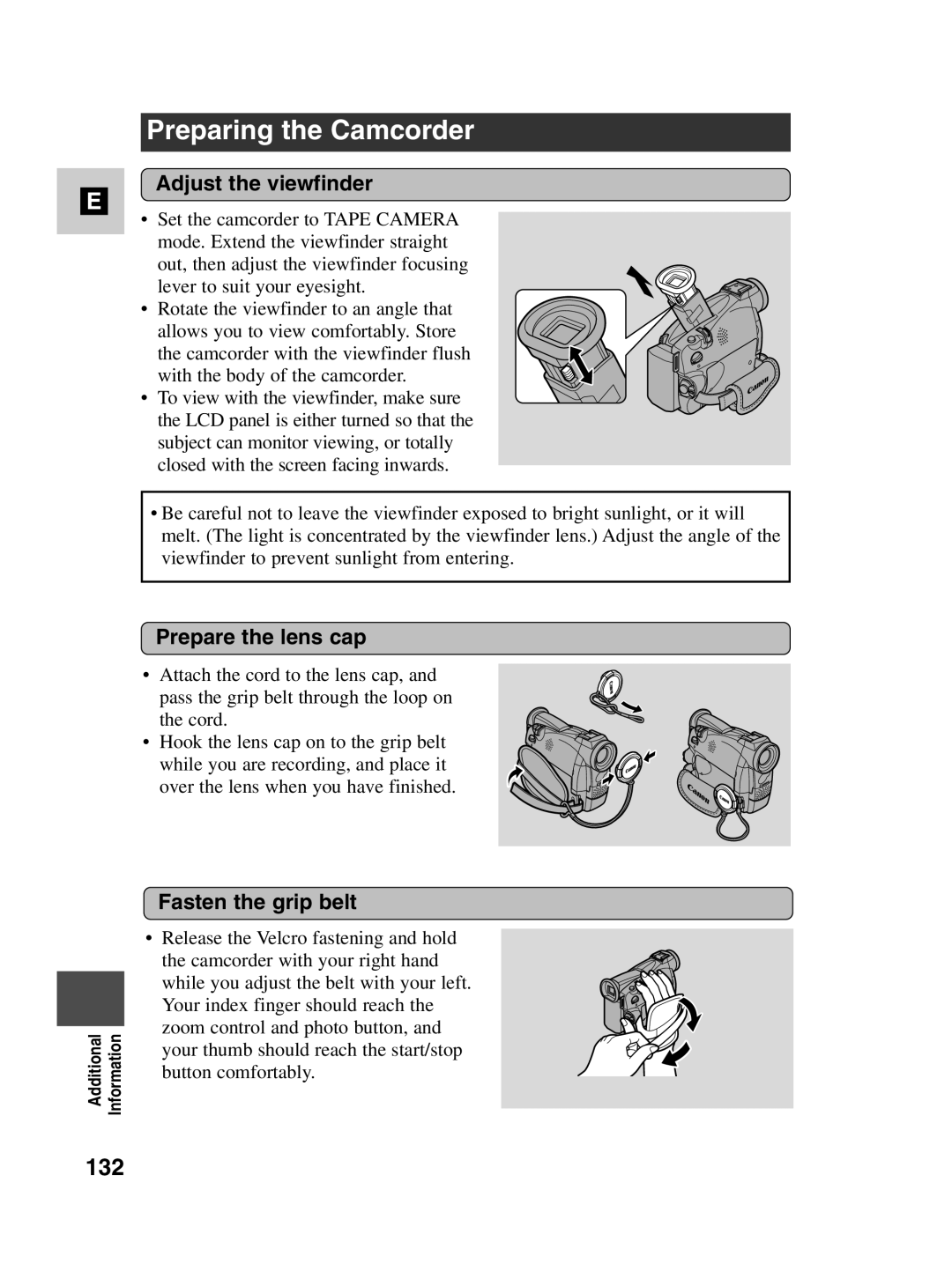 Canon MV530i, MV550i Preparing the Camcorder, 132, Adjust the viewfinder, Prepare the lens cap, Fasten the grip belt 