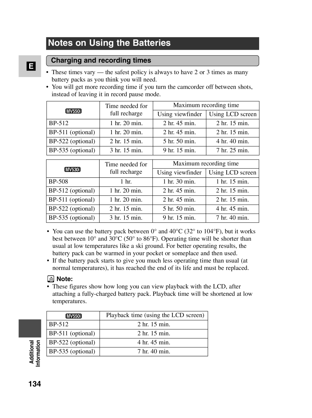 Canon MV530i, MV550i instruction manual 134, Charging and recording times 