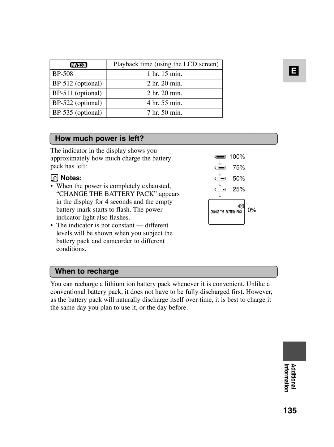 Canon MV550i, MV530i instruction manual 135, How much power is left?, When to recharge 