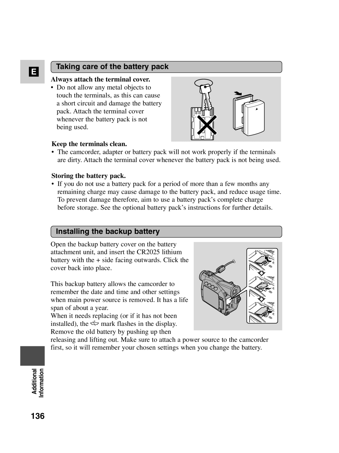 Canon MV530i, MV550i instruction manual 136, Taking care of the battery pack, Installing the backup battery 