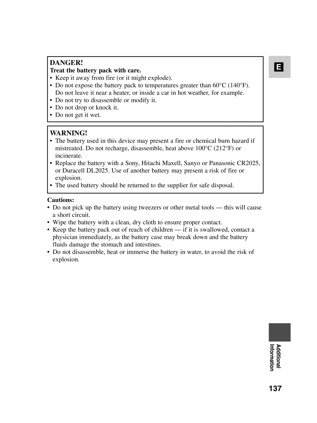 Canon MV550i, MV530i instruction manual 137, Treat the battery pack with care 