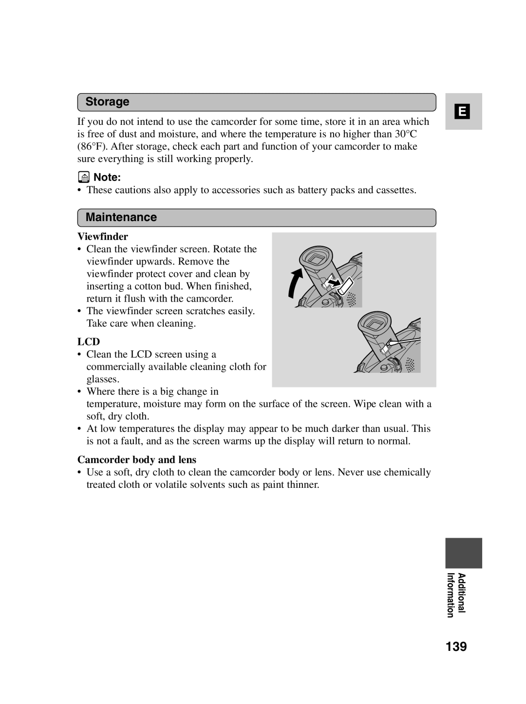 Canon MV550i, MV530i instruction manual 139, Storage, Maintenance, Viewfinder, Camcorder body and lens 