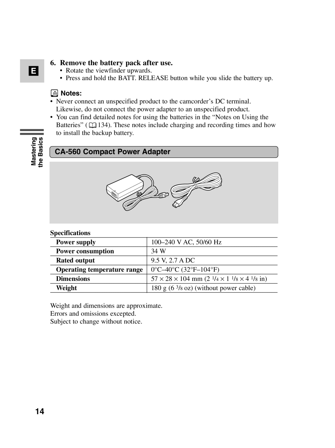 Canon MV530i, MV550i instruction manual Remove the battery pack after use, CA-560 Compact Power Adapter 