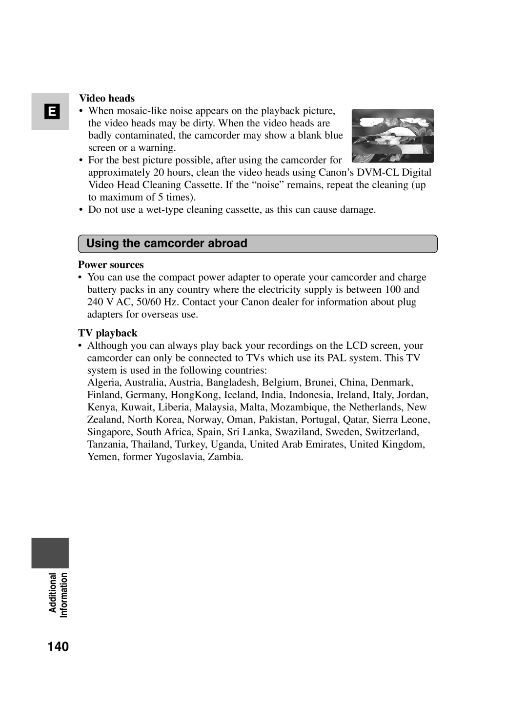 Canon MV530i, MV550i instruction manual 140, Using the camcorder abroad, Video heads, Power sources, TV playback 