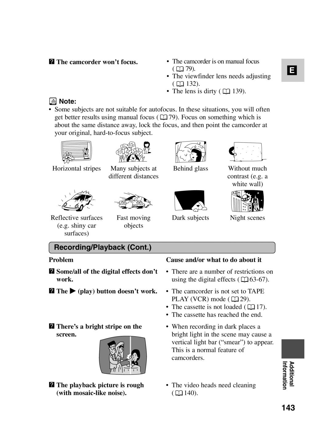 Canon MV550i, MV530i instruction manual 143, ? The camcorder won’t focus 