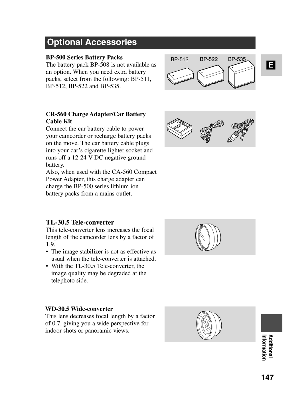 Canon MV550i, MV530i instruction manual Optional Accessories, 147, TL-30.5 Tele-converter 