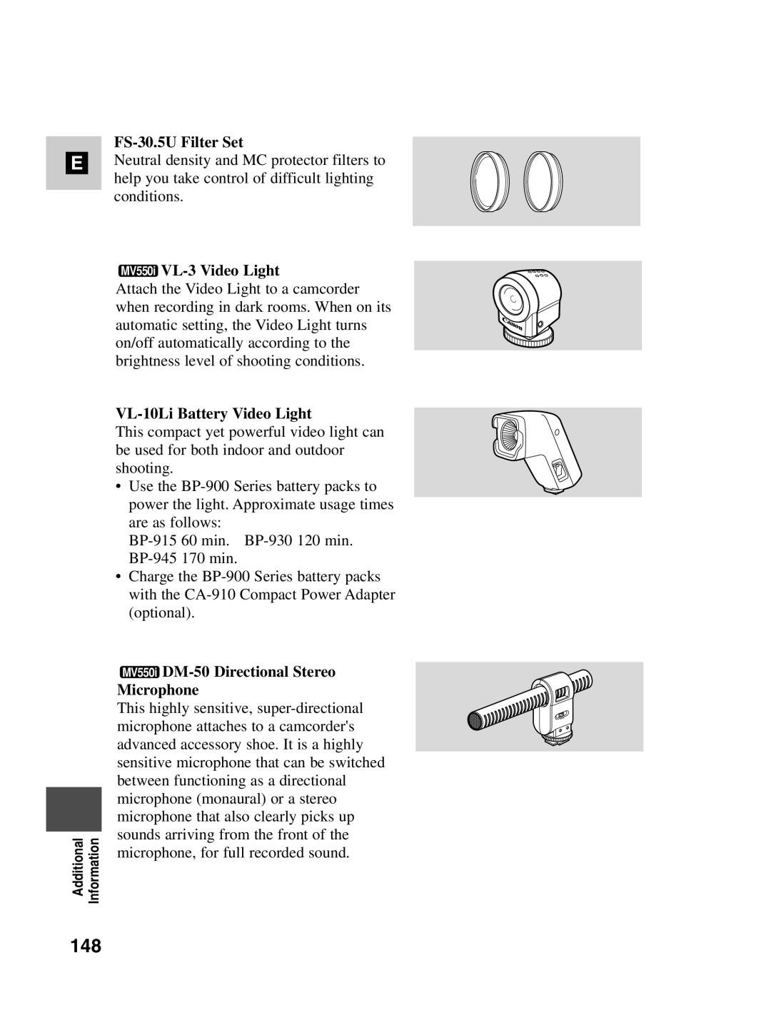 Canon MV530i instruction manual 148, FS-30.5U Filter Set, MV550i VL-3 Video Light, VL-10Li Battery Video Light 