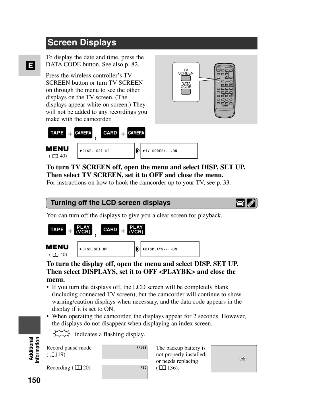 Canon MV530i, MV550i instruction manual Screen Displays, 150, Turning off the LCD screen displays 