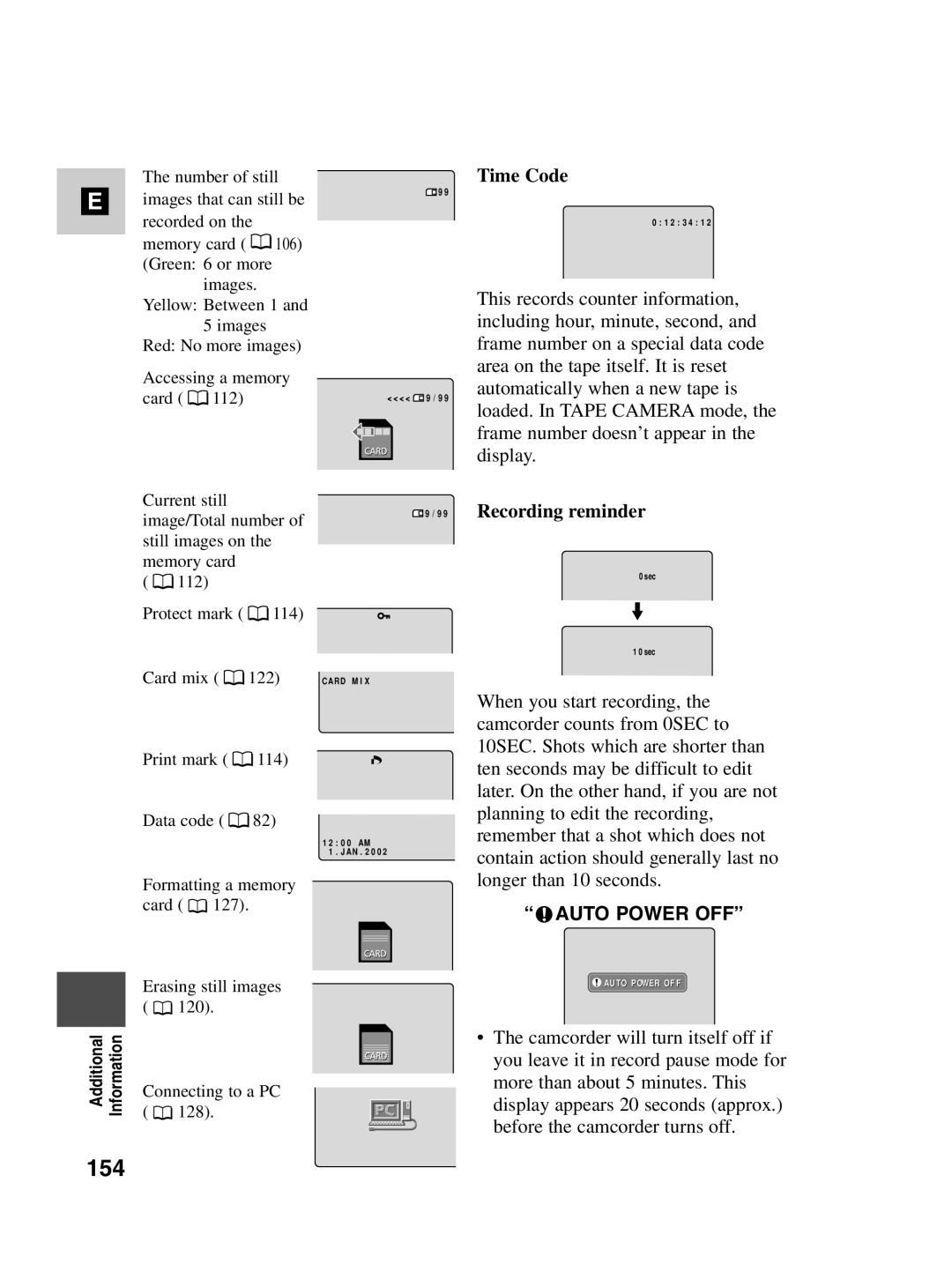 Canon MV530i, MV550i instruction manual 154, Time Code, Recording reminder 