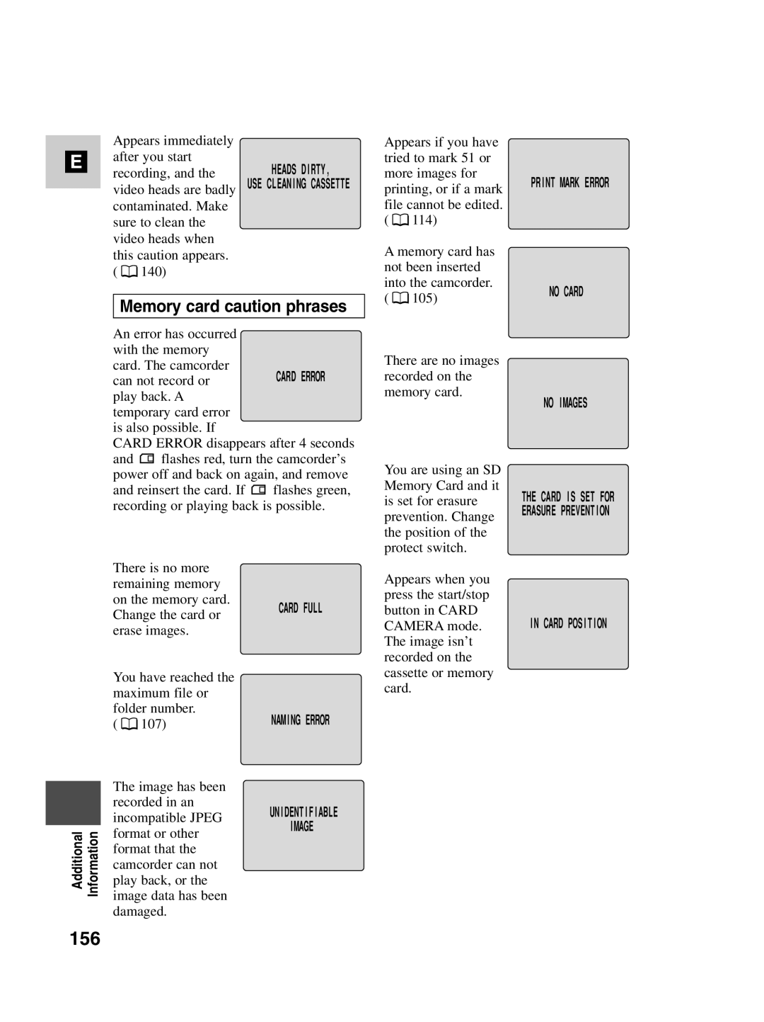 Canon MV530i, MV550i instruction manual 156, Memory card caution phrases 