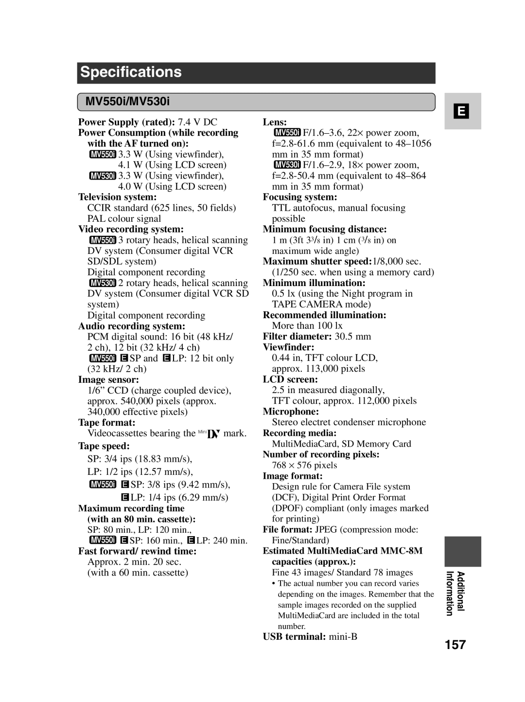 Canon instruction manual Specifications, 157, MV550i/MV530i 