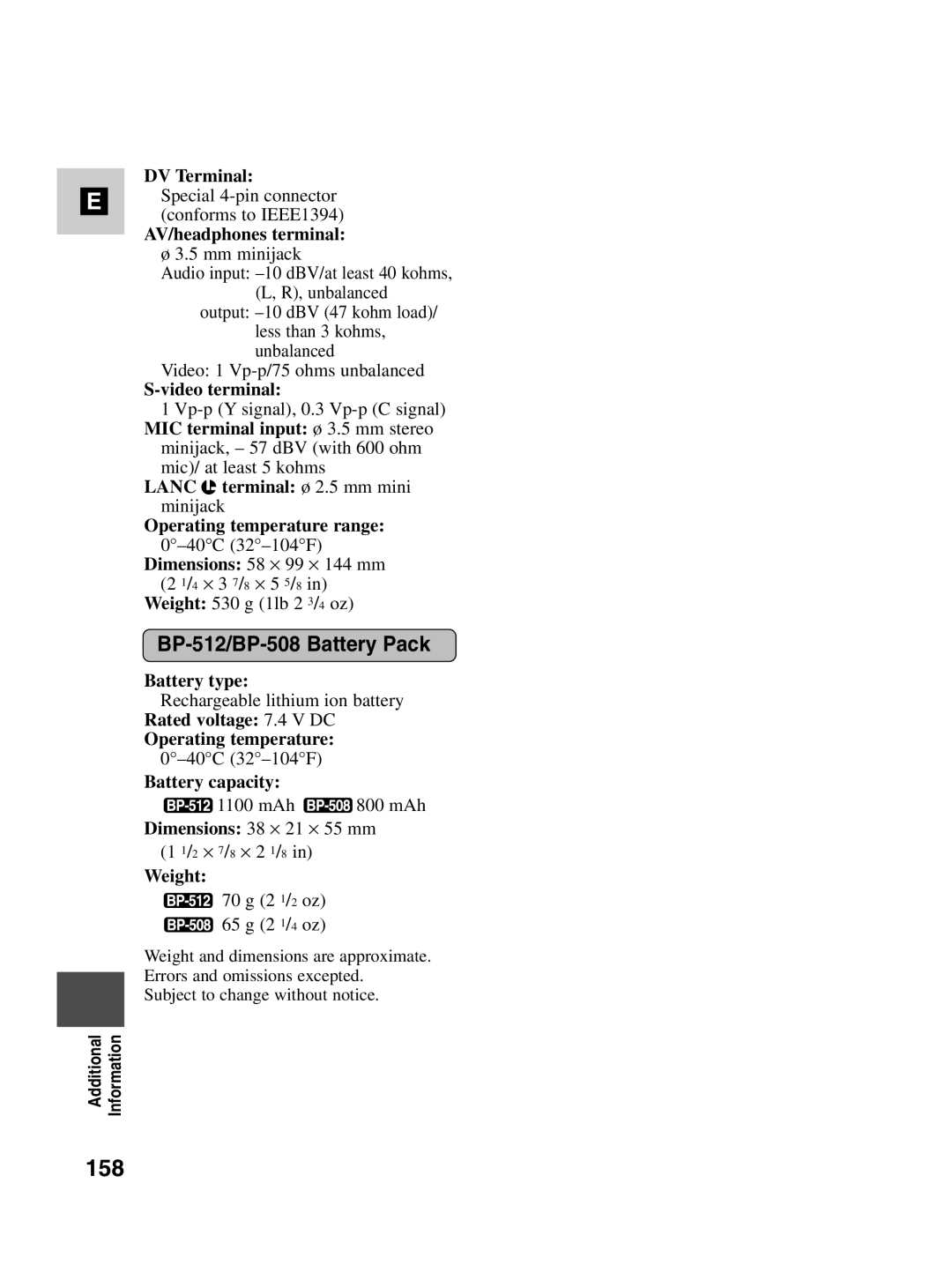 Canon MV530i, MV550i instruction manual 158, BP-512/BP-508 Battery Pack 