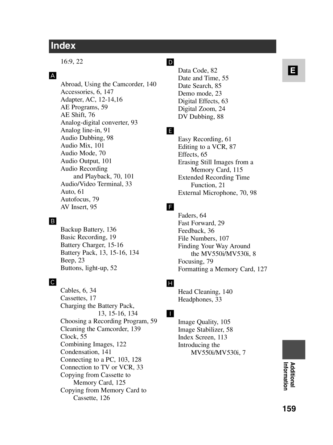 Canon MV550i, MV530i instruction manual Index, 159 