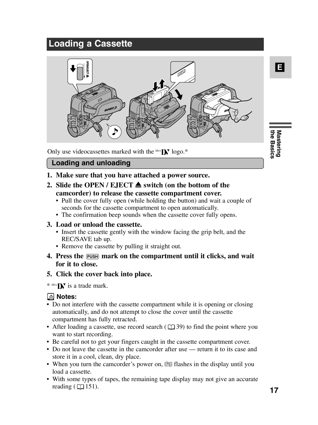 Canon MV550i, MV530i Loading a Cassette, Loading and unloading, Make sure that you have attached a power source 