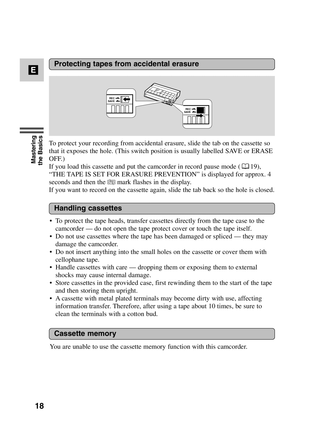 Canon MV530i, MV550i instruction manual Protecting tapes from accidental erasure, Handling cassettes, Cassette memory 