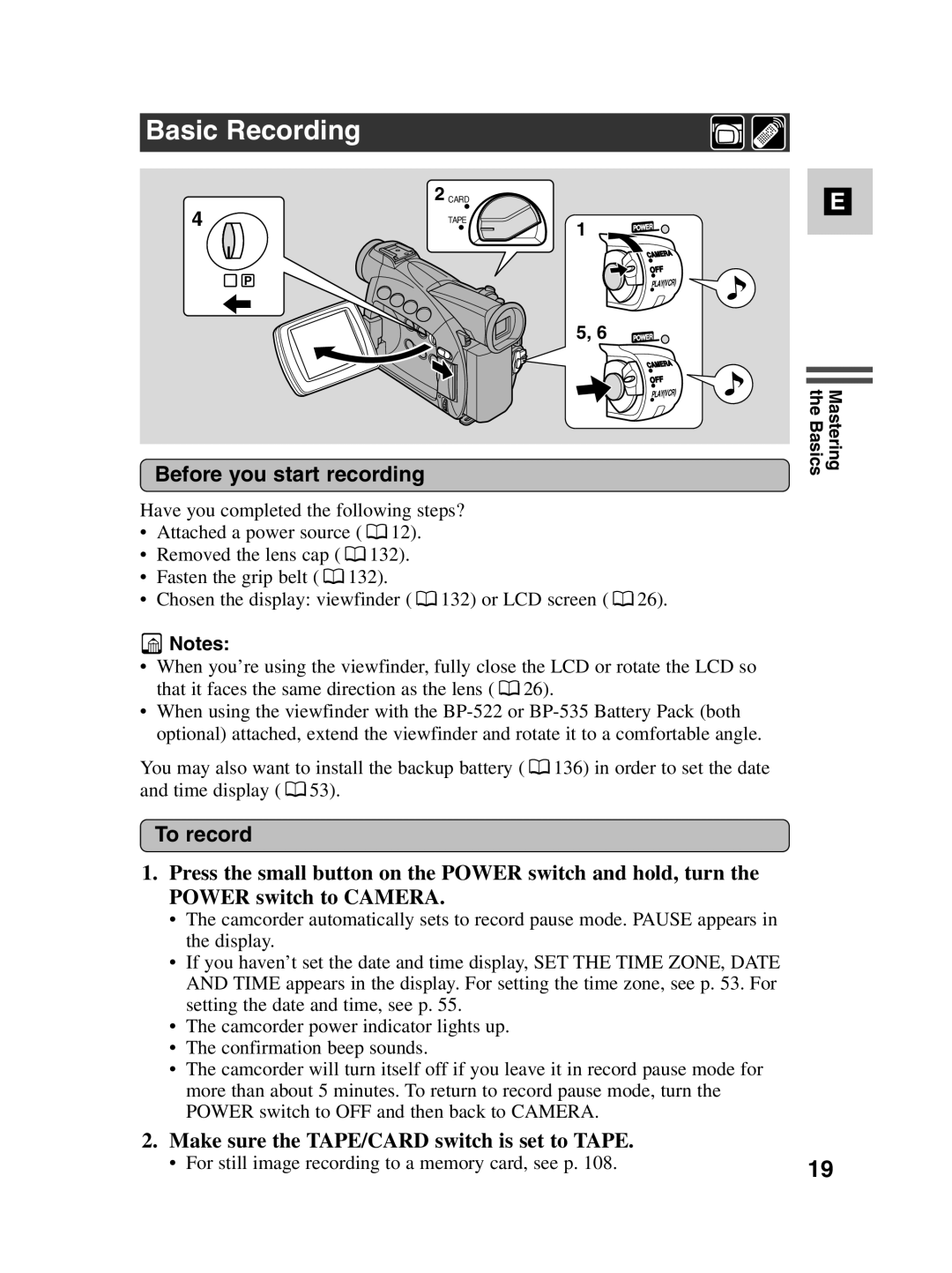 Canon MV550i, MV530i Basic Recording, Before you start recording, To record, Make sure the TAPE/CARD switch is set to Tape 