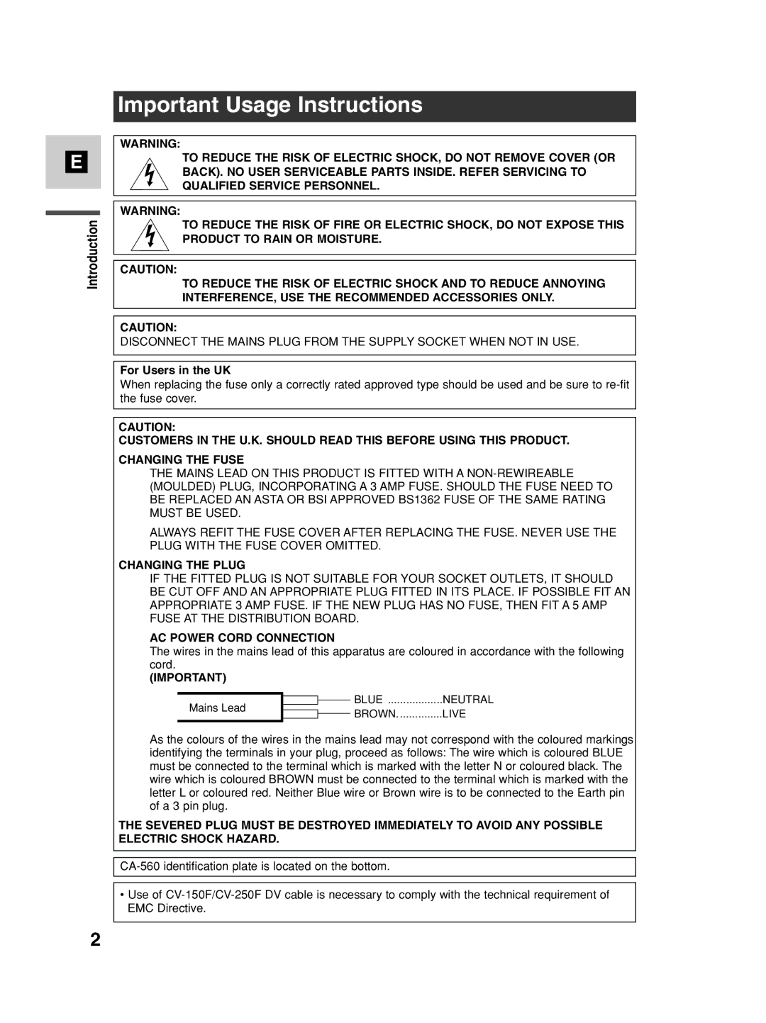 Canon MV530i, MV550i instruction manual Important Usage Instructions, For Users in the UK 