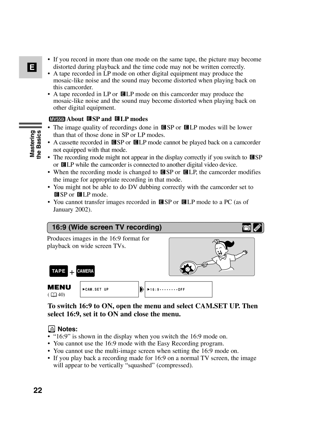 Canon MV530i instruction manual Wide screen TV recording, MV550i About SP and LP modes 