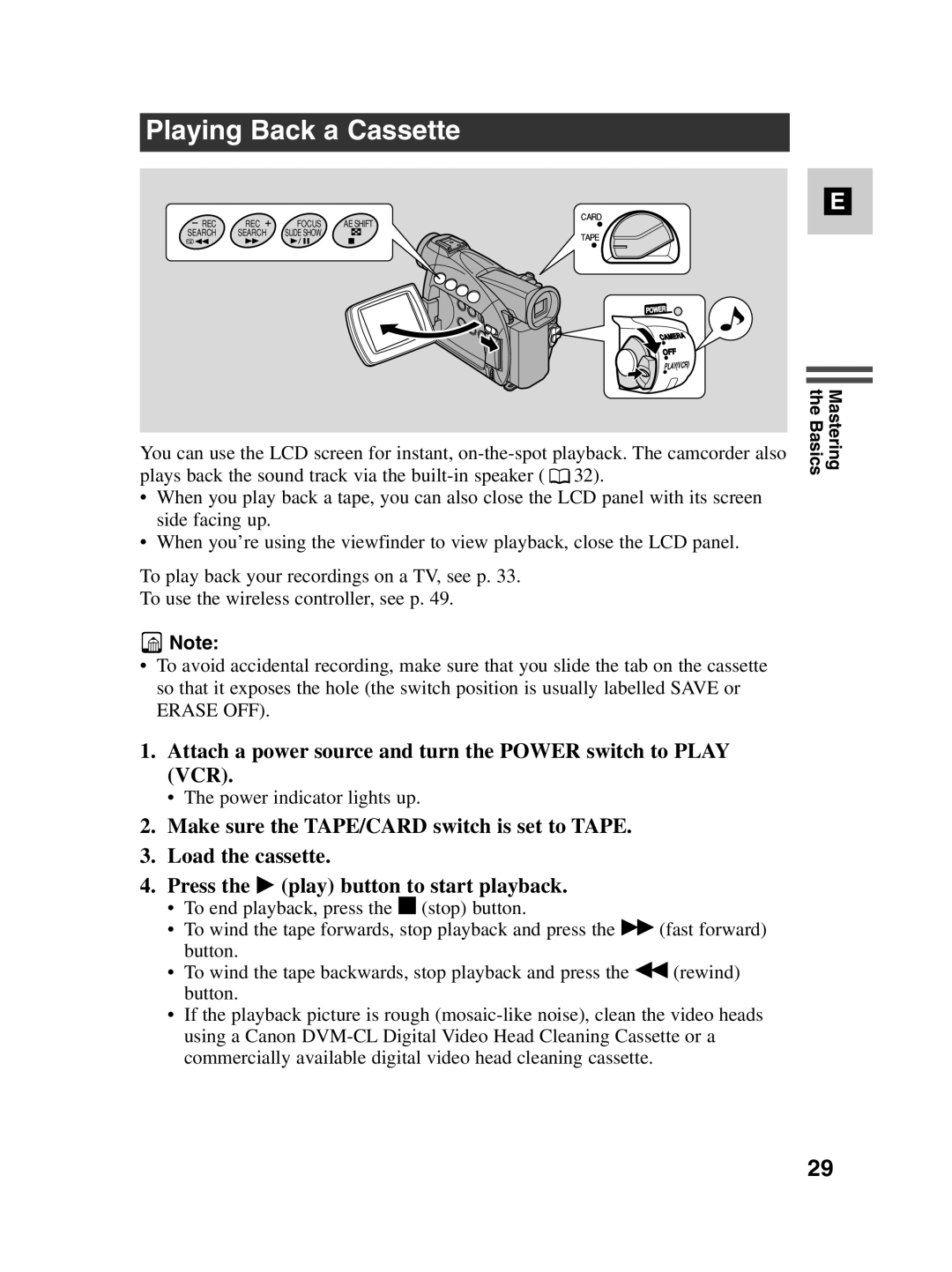 Canon MV550i, MV530i instruction manual Playing Back a Cassette, Attach a power source and turn the Power switch to Play VCR 