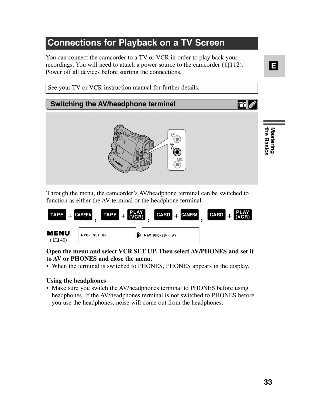 Canon MV550i, MV530i instruction manual Connections for Playback on a TV Screen, Switching the AV/headphone terminal 