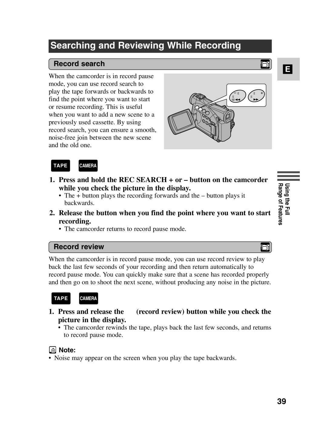 Canon MV550i, MV530i instruction manual Searching and Reviewing While Recording, Record search, Record review 