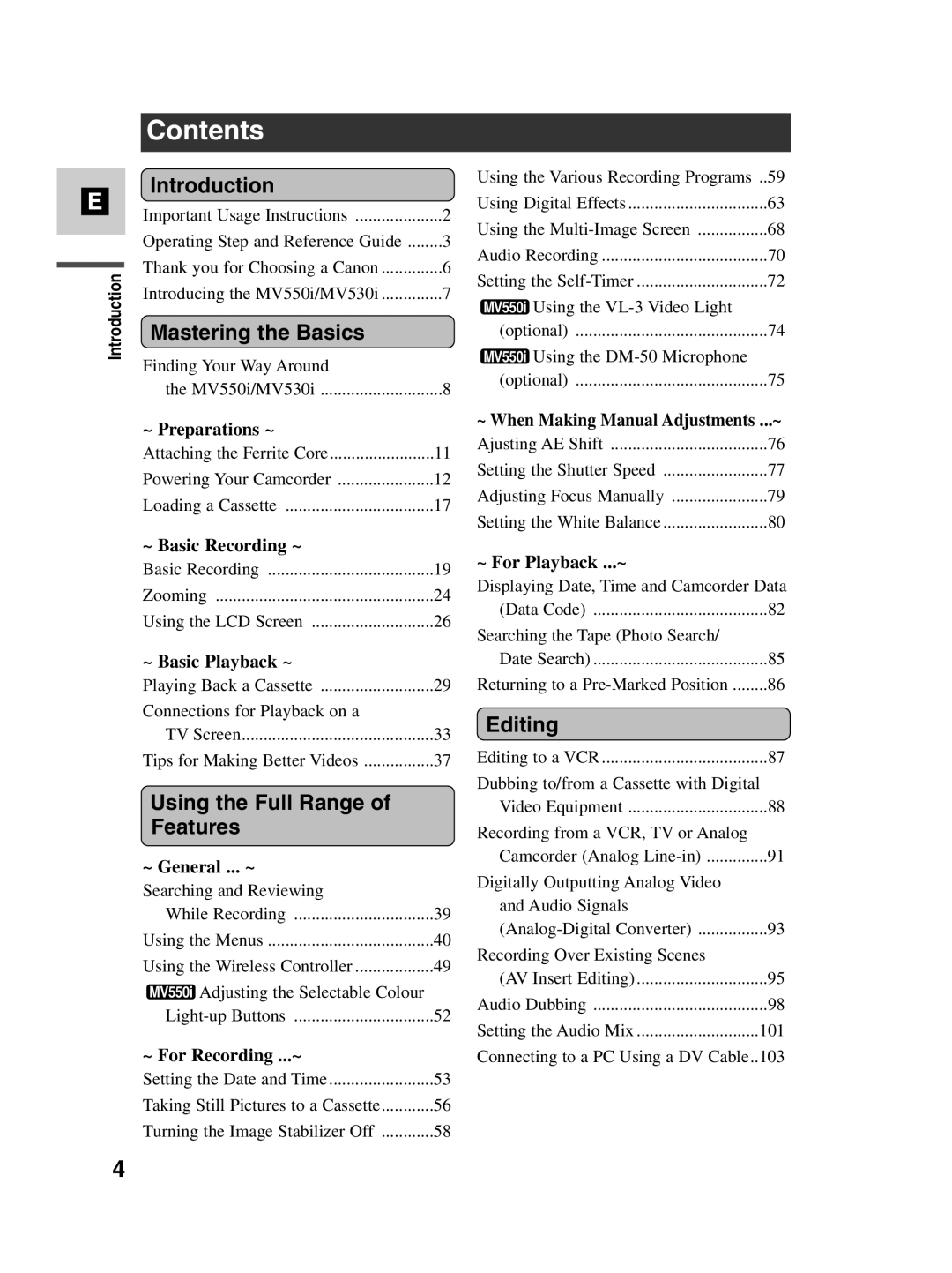 Canon MV530i, MV550i instruction manual Contents 