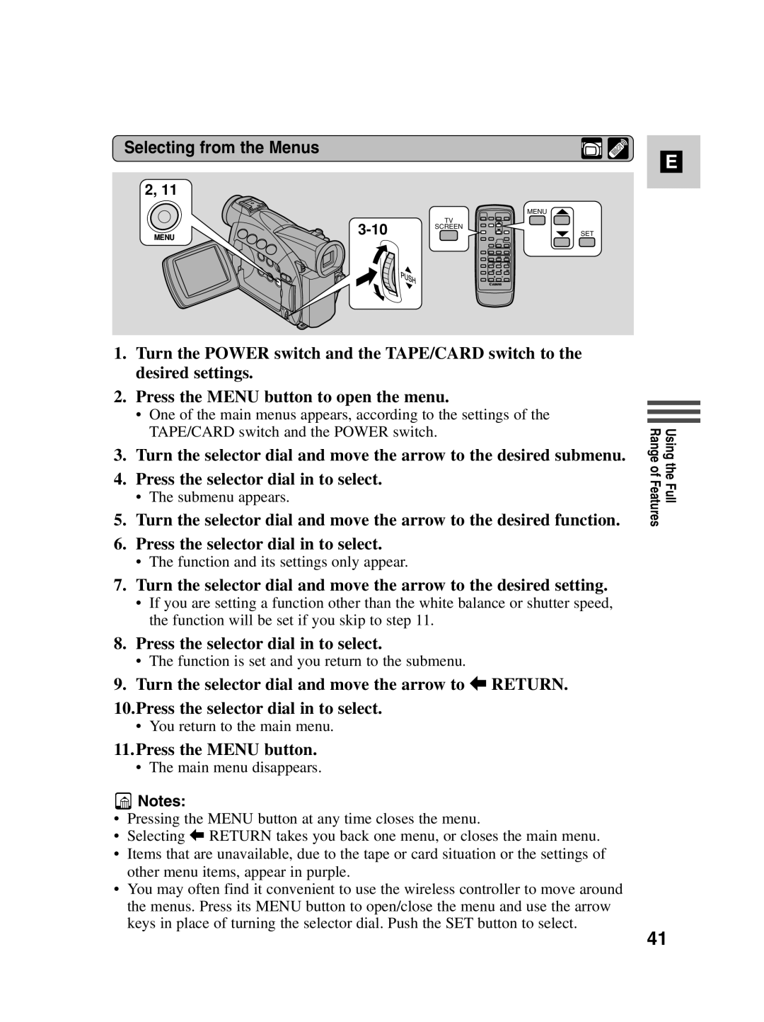 Canon MV550i, MV530i instruction manual Selecting from the Menus, Press the Menu button 