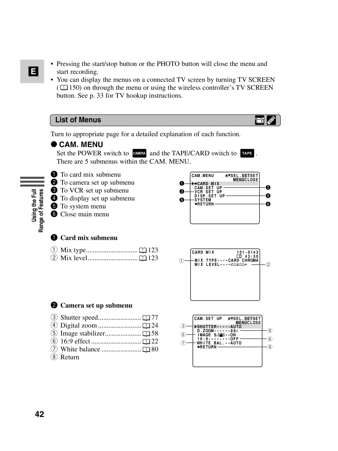 Canon MV530i, MV550i instruction manual List of Menus, Card mix submenu, Camera set up submenu 