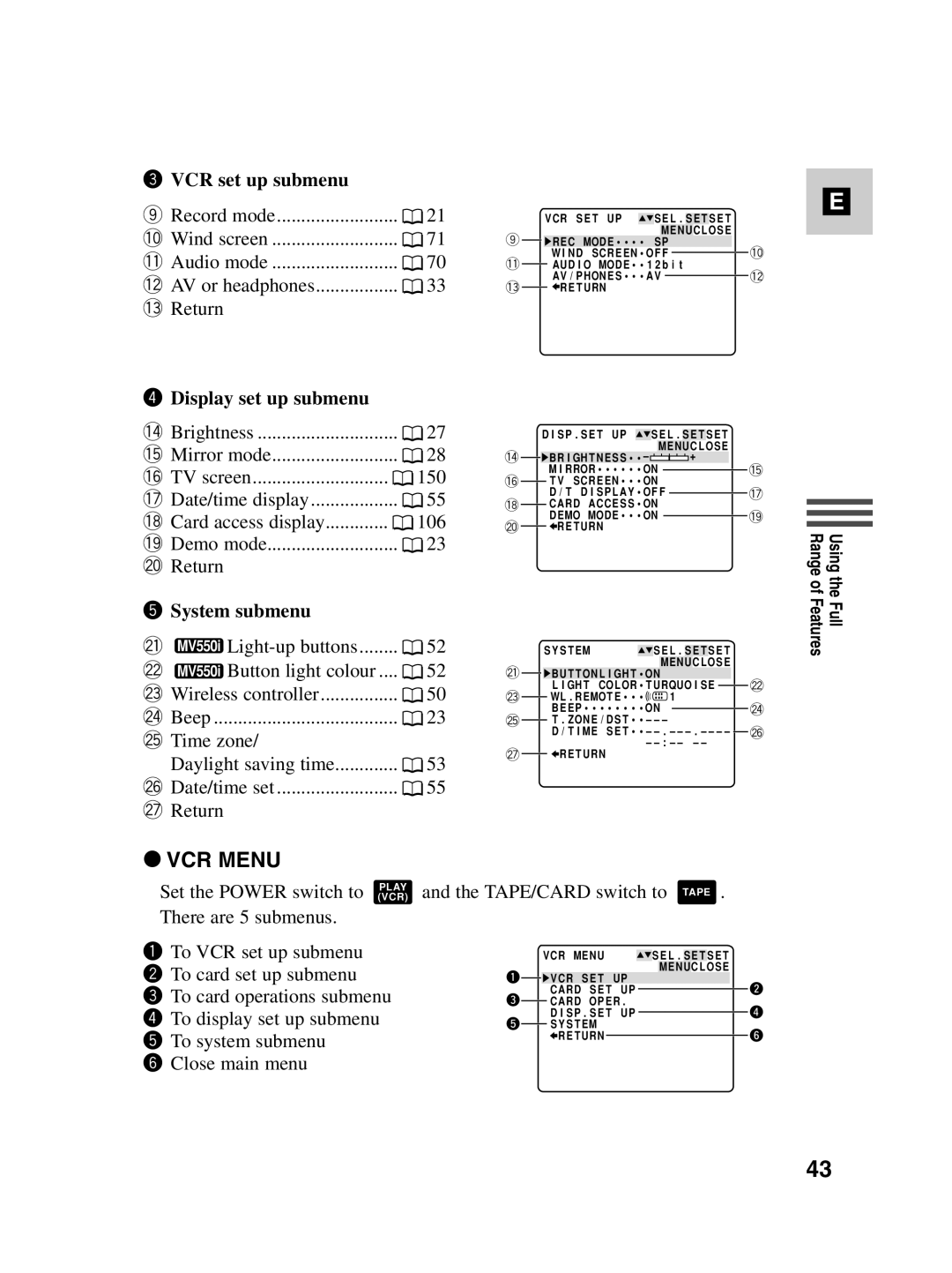 Canon MV550i, MV530i instruction manual VCR set up submenu, Display set up submenu, System submenu 