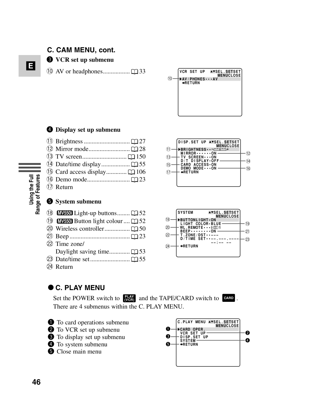 Canon MV530i, MV550i instruction manual Cam Menu, Play Menu 