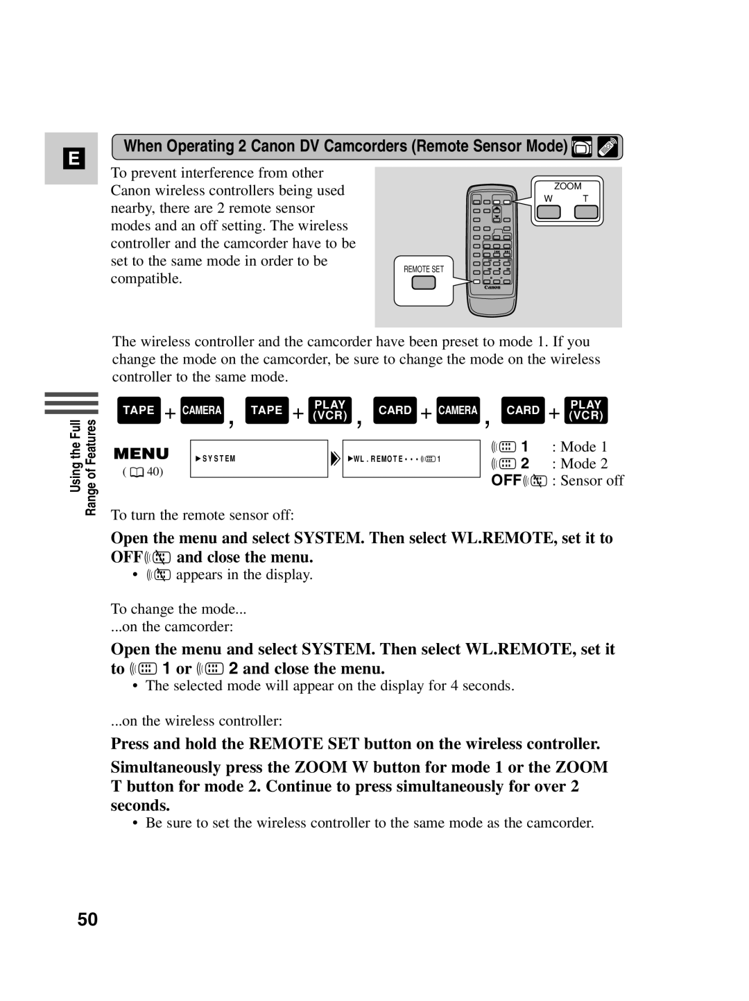 Canon MV530i, MV550i instruction manual When Operating 2 Canon DV Camcorders Remote Sensor Mode 