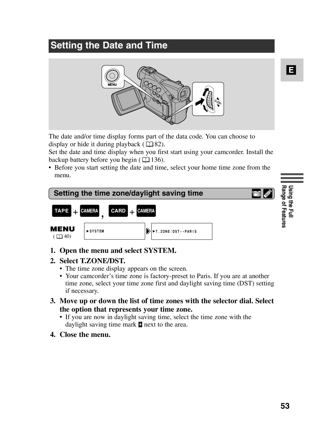 Canon MV550i, MV530i Setting the Date and Time, Setting the time zone/daylight saving time, Close the menu 