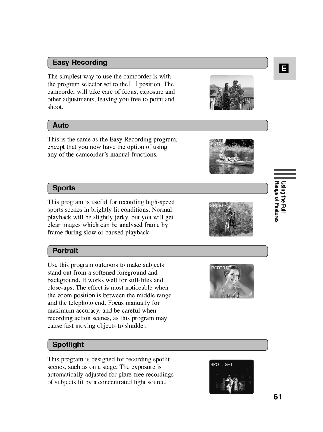 Canon MV550i, MV530i instruction manual Easy Recording, Auto, Sports, Portrait, Spotlight 