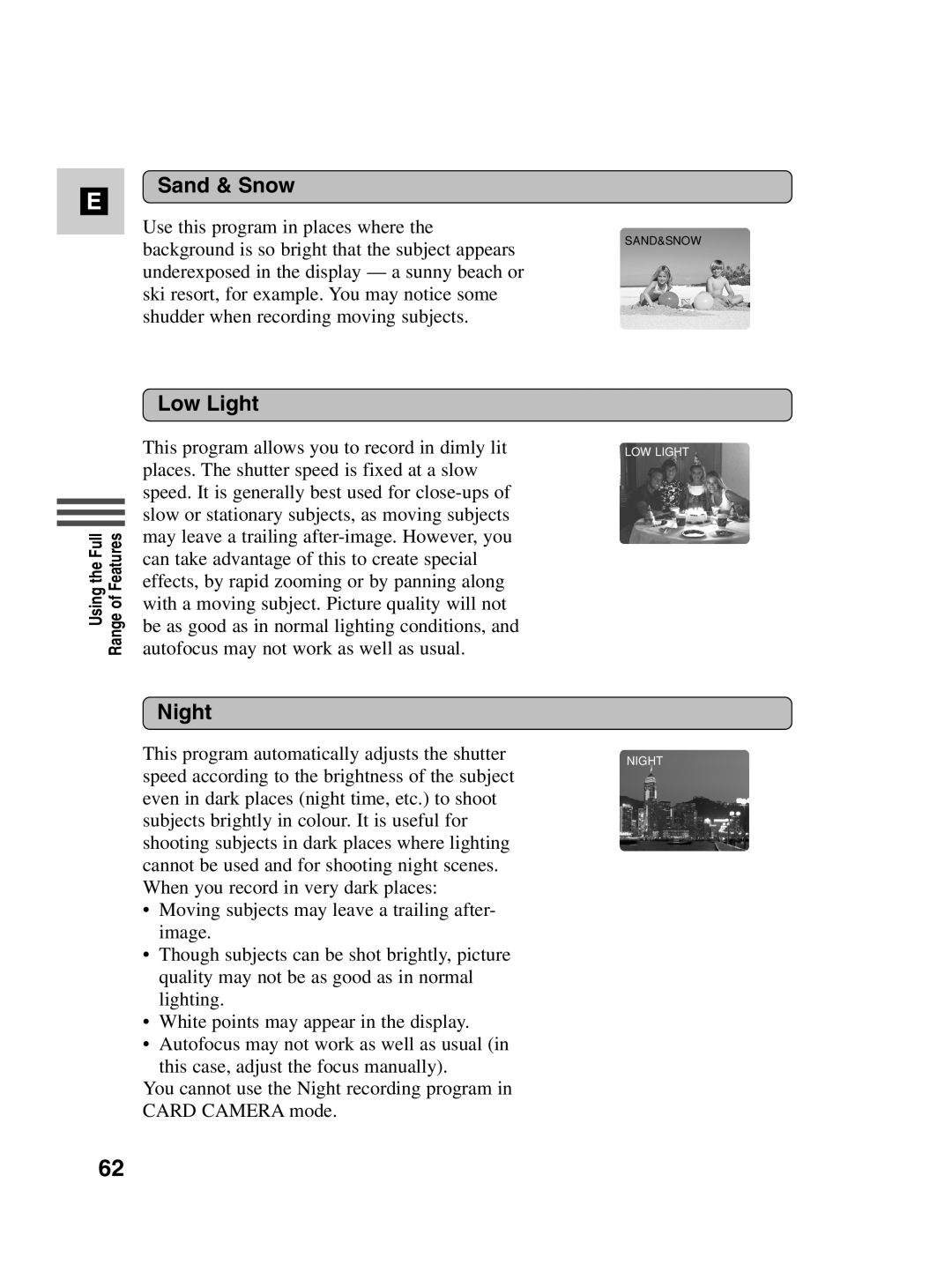 Canon MV530i, MV550i instruction manual Sand & Snow, Low Light, Night 