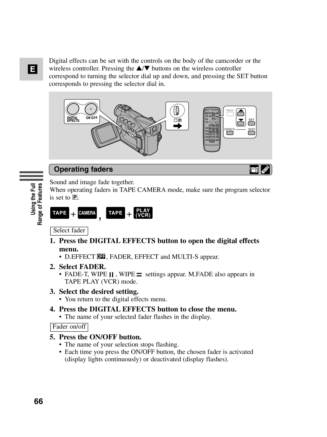 Canon MV530i, MV550i instruction manual Operating faders, Select Fader, Select the desired setting, Press the ON/OFF button 