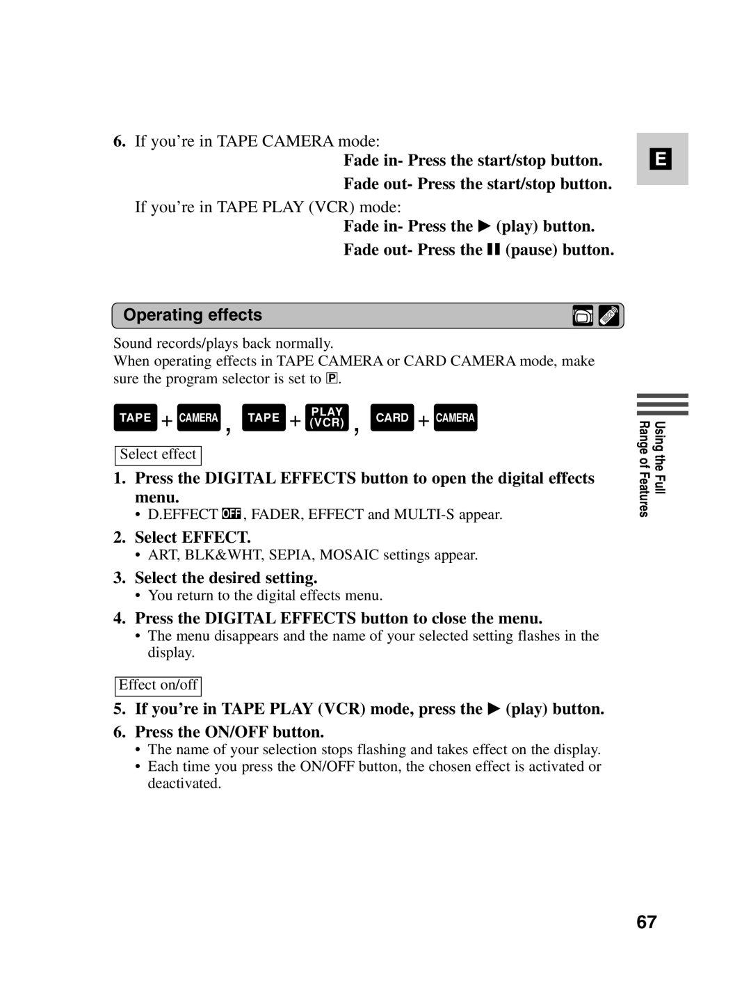 Canon MV550i, MV530i instruction manual Operating effects, Select Effect 