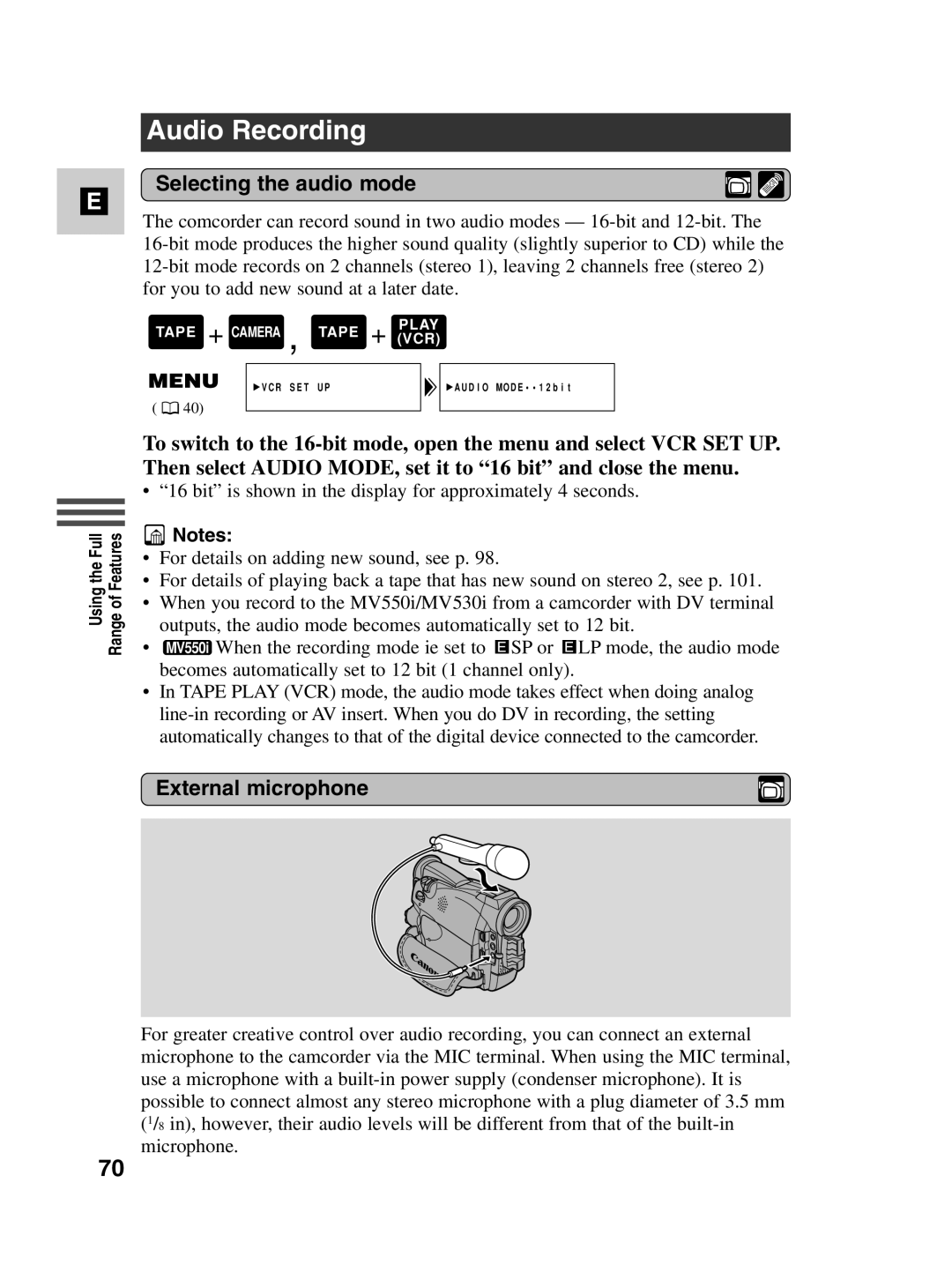 Canon MV530i, MV550i instruction manual Audio Recording, Selecting the audio mode, External microphone 