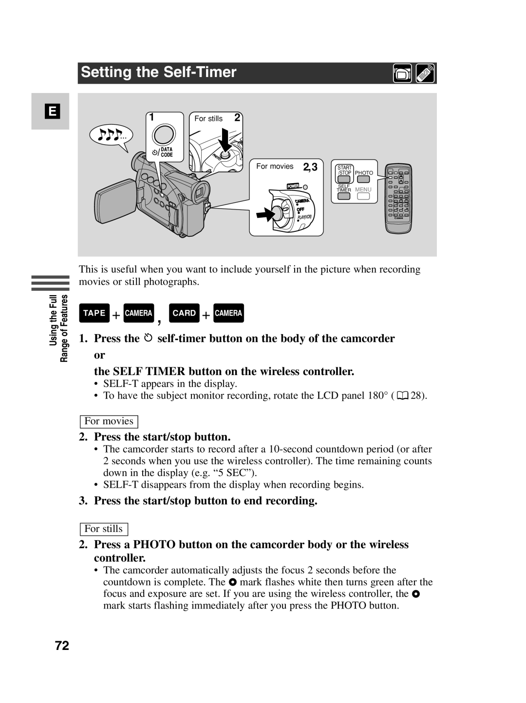 Canon MV530i, MV550i instruction manual Setting the Self-Timer, Press the start/stop button to end recording 