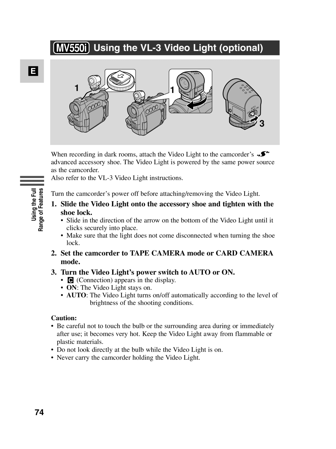 Canon MV530i instruction manual MV550i Using the VL-3 Video Light optional 