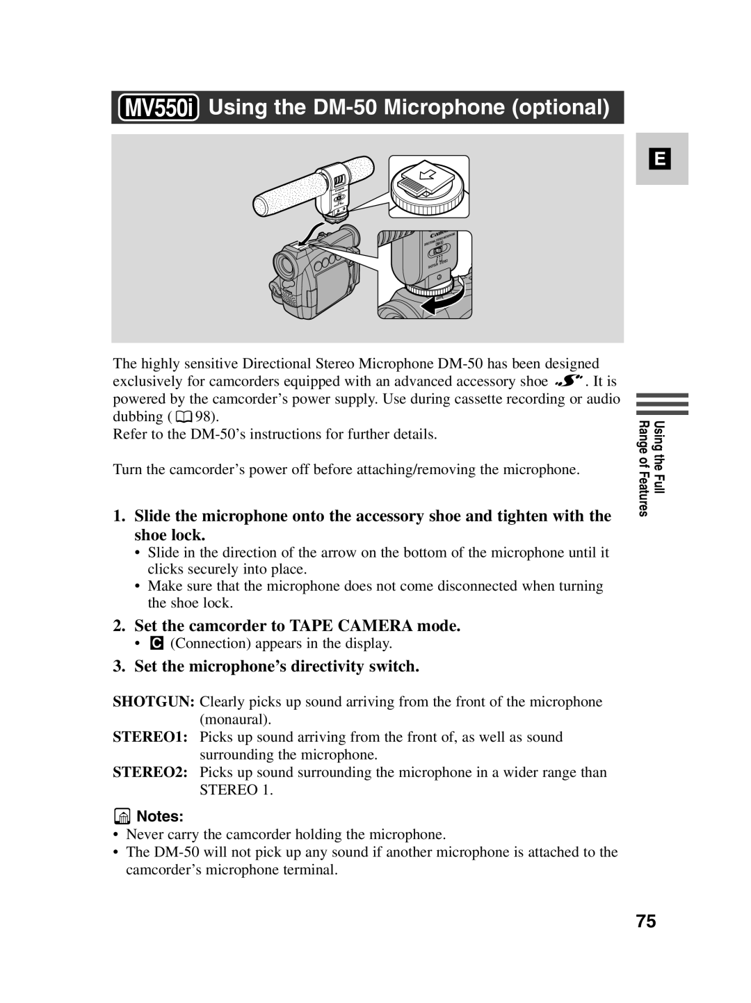 Canon MV530i instruction manual MV550i Using the DM-50 Microphone optional, Set the camcorder to Tape Camera mode 