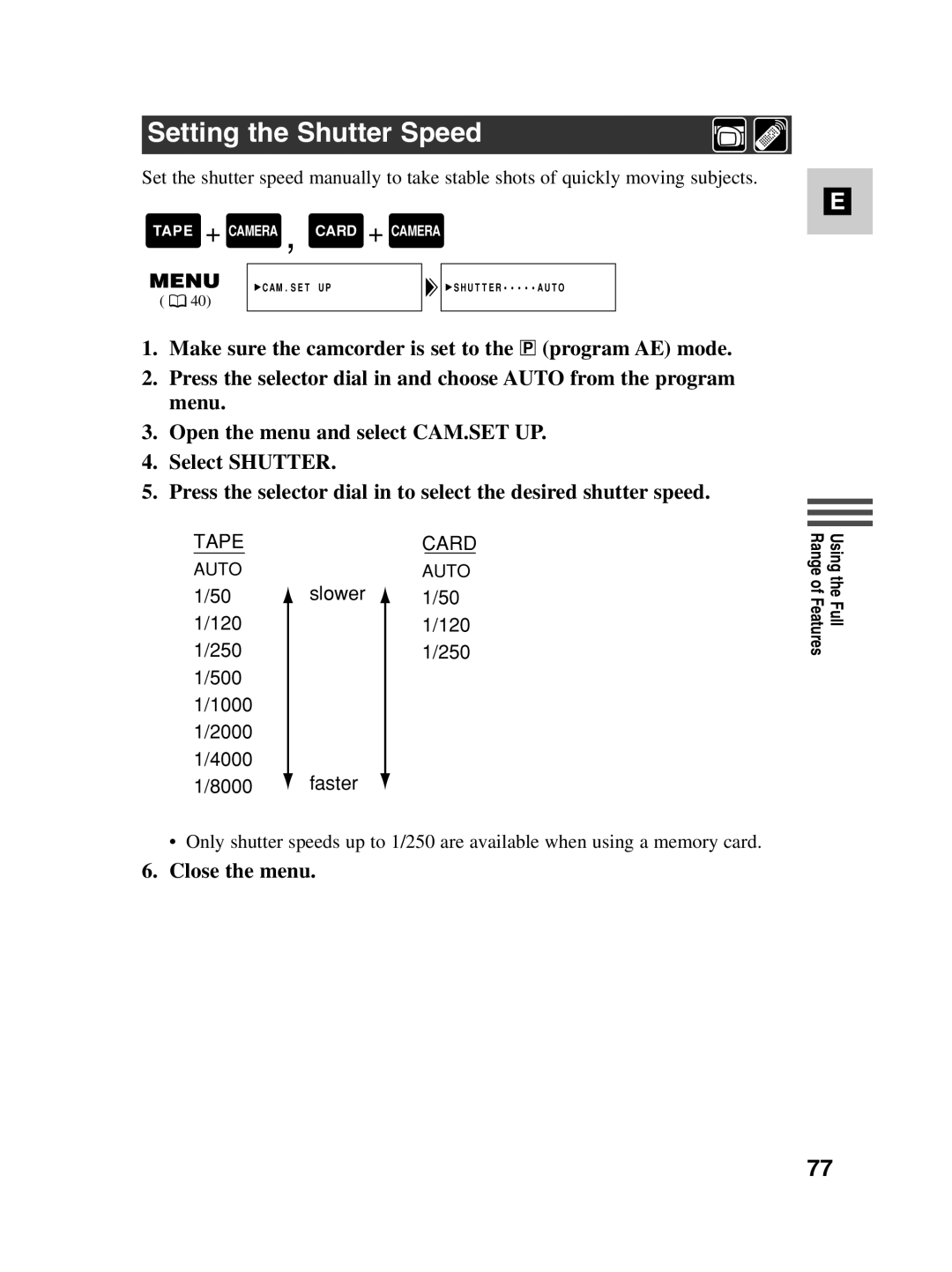 Canon MV550i, MV530i instruction manual Setting the Shutter Speed, Tapecard 