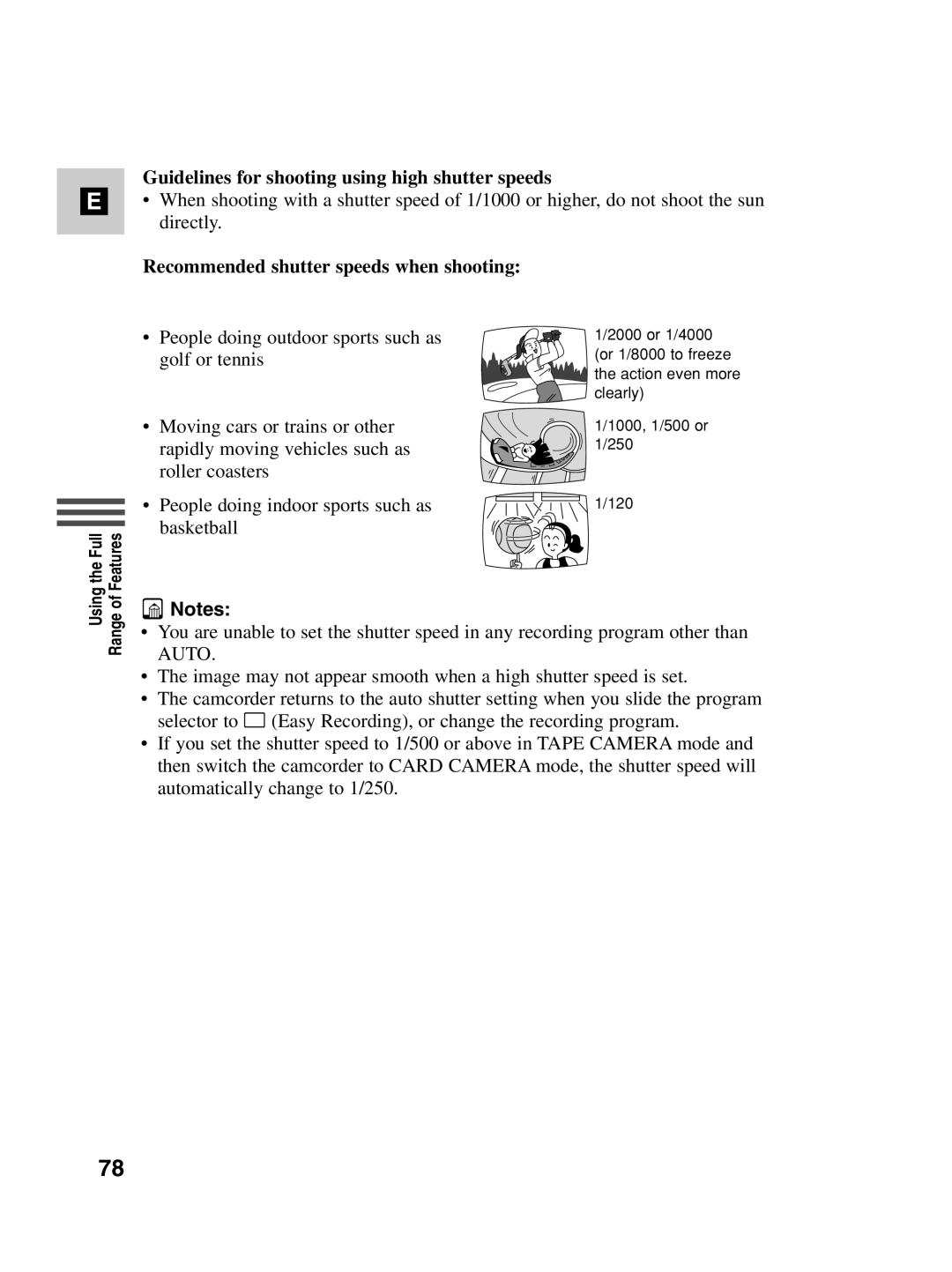 Canon MV530i, MV550i Guidelines for shooting using high shutter speeds, Recommended shutter speeds when shooting 