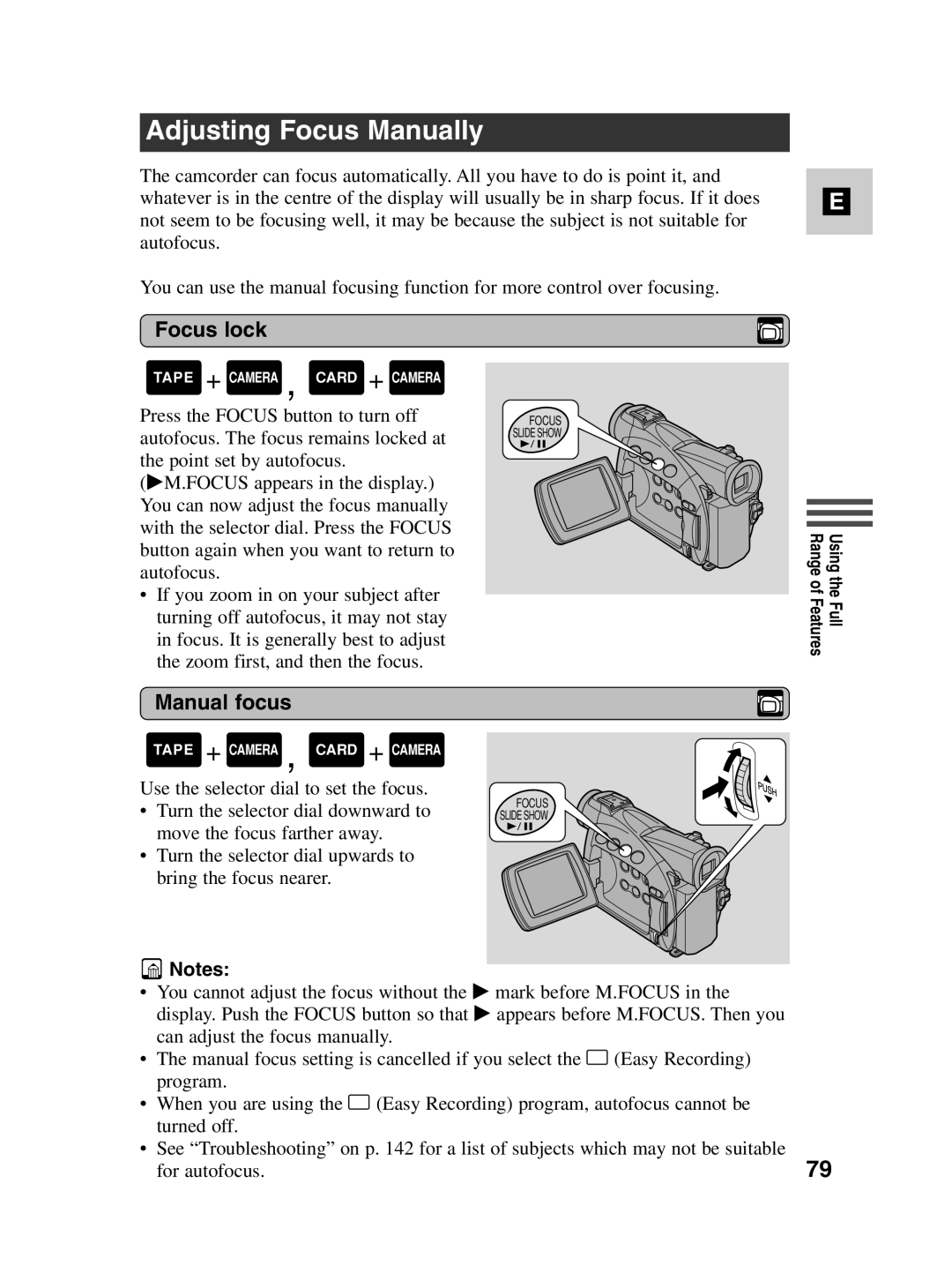 Canon MV550i, MV530i instruction manual Adjusting Focus Manually, Focus lock, Manual focus 