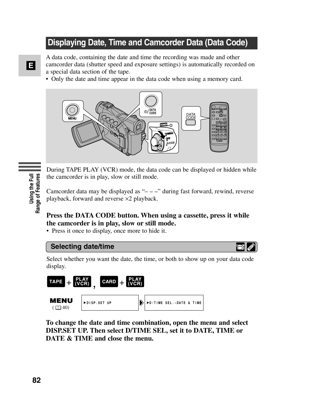 Canon MV530i, MV550i instruction manual Displaying Date, Time and Camcorder Data Data Code, Selecting date/time 