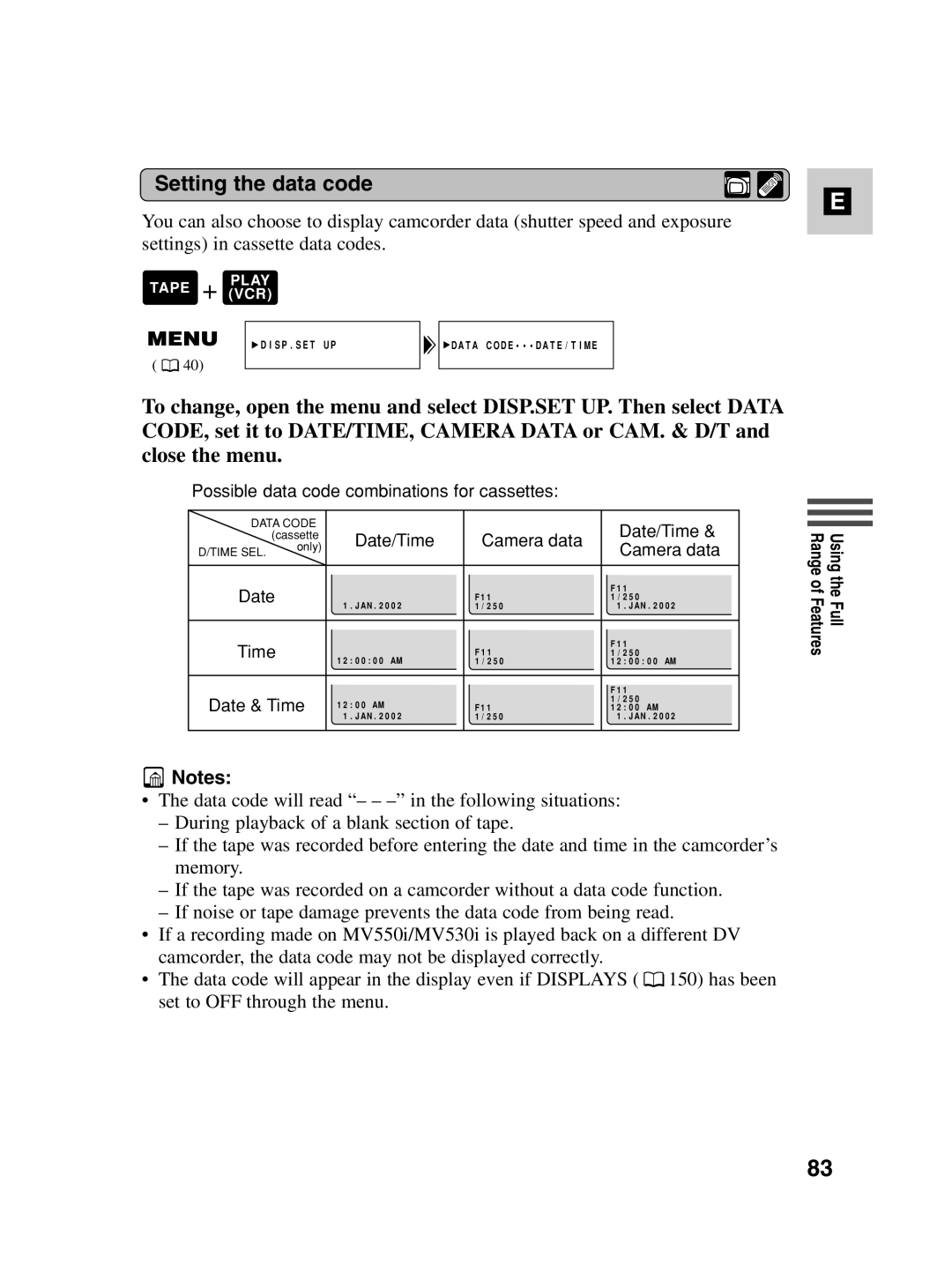 Canon MV550i, MV530i instruction manual Setting the data code, Date 